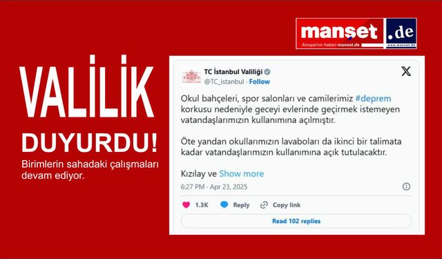 Valilik: 'Okul bahçeleri, spor salonları, camiler deprem nedeniyle vatandaşın kullanımına açıldı'