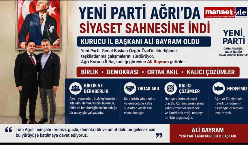 Yeni Parti, Ağrı'da Teşkilatlanmasını Tamamladı: Kurucu İl Başkanlığına Ali Bayram Atandı