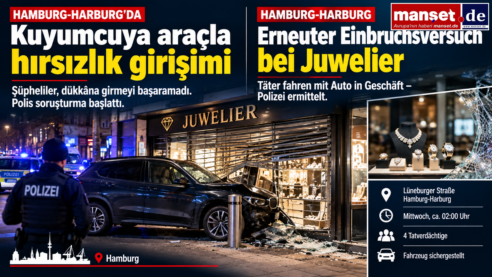 Hamburg-Harburg’da kuyumcuya araçlı hırsızlık girişimi